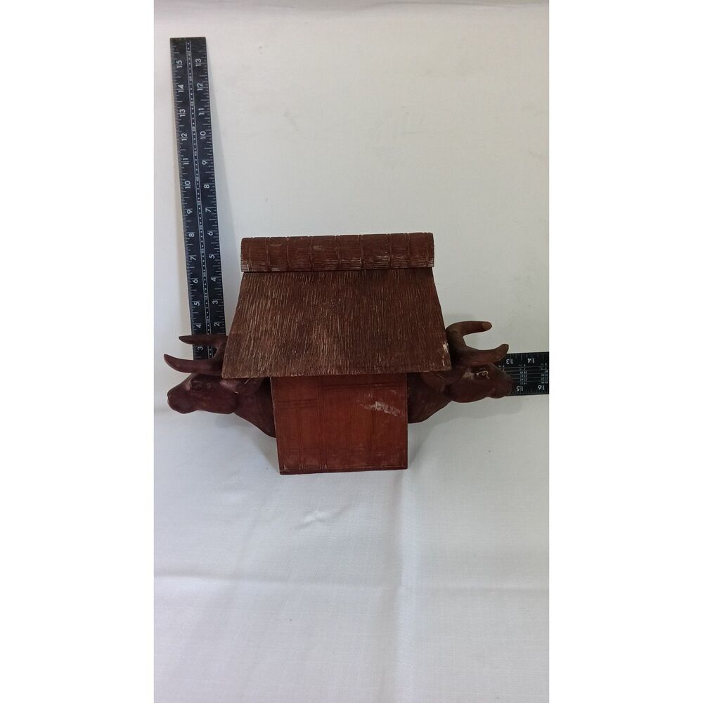 Carved Wooden Bull Box with Thatched Roof Lid